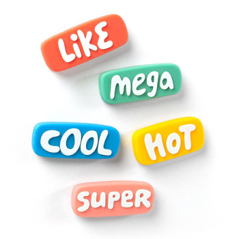 Like Magneter med sjove udtryk: LIKE, MEGA, COOL, HOT og SUPER.