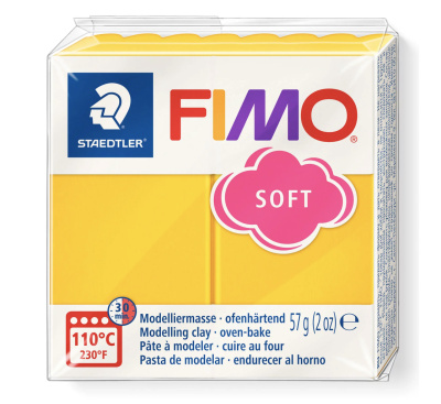 Gult Fimo ler i lille pakke m. 57 gram, der er nok til 6-8 små figurer.  Den gule nuance hedder Fimo Soft Sunflower og kan købes her hos Magnetz.