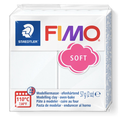 Fimo ler hvidt i modellen soft. Fimo Soft er nemt at arbejde med, og du får en pakke med 57 gram. Kan bages hårdt ved 110 grader.