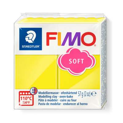 Gult Fimo ler i lille pakke m. 57 gram, der er nok til 6-8 små figurer.  Den gule nuance hedder Fimo Soft Lemon og kan købes her hos Magnetz.