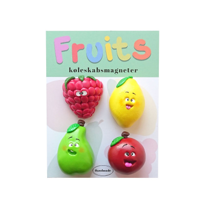 Happy Fruits magneter - 4 forskellige frugtmagneter m. mange detaljer. Hindbær, citron, pære og æble. Alle sammen håndlavet.