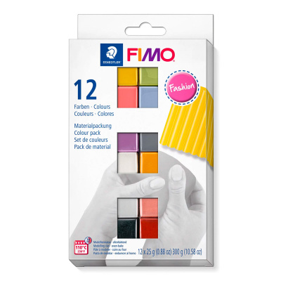 Fimo soft fashion er en pakke med 12 forskellige farver - 6 alm. og 6 med glitter i 25 gram pakker