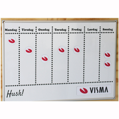 De runde magneter kan bruges på mange måder. Her har vi printet VISMA logoet på de små runde Ø6 cm. magneter og på en 7x21 cm. magnet.