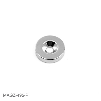 Power magnet med undersænket hul til skrue 18x4 mm. Husk at vælge en skrue, der ikke stikker op over hullet - du har brug for fuld magnetkontakt med plan flade