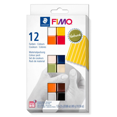 Fimo soft Natural er en pakke med 12 forskellige farver i 25 gram pakker