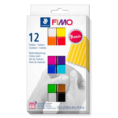 Fimo soft basic er en pakke med 12 basisfarver i små 25 gram pakker, så der er til mange forskellige slags projekter.