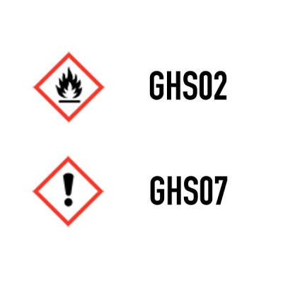 Advarselssymboler for UHU adhesive remover spray - beholder under tryk, tåler ikke at være i nærheden af ild eller høj varme