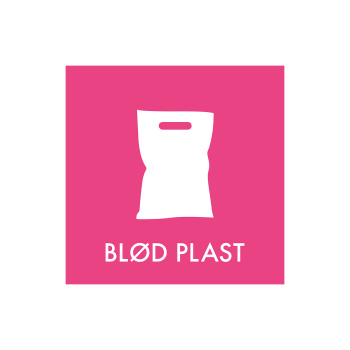 Affaldssortering skilt for blød plast - printes i den officielle pink farve i størrelsen 30x30 cm.