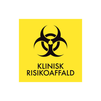 Indsamling af eller kørsel med klinisk risikoaffald skal skiltes korrekt. Dette er det officielle piktogram i den officielle gule farefarve fra affaldsfraktionerne.