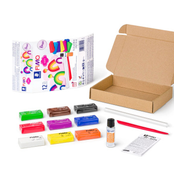 FIMO soft hobbyler i pakke med 9 forskellige farver (25 gram x 9) samt værktøj og rullepind til en rigtig god pris