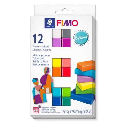 Fimo soft brilliant er en pakke med 12 forskellige farver i 25 gram pakker med skønne, klare pangfarver