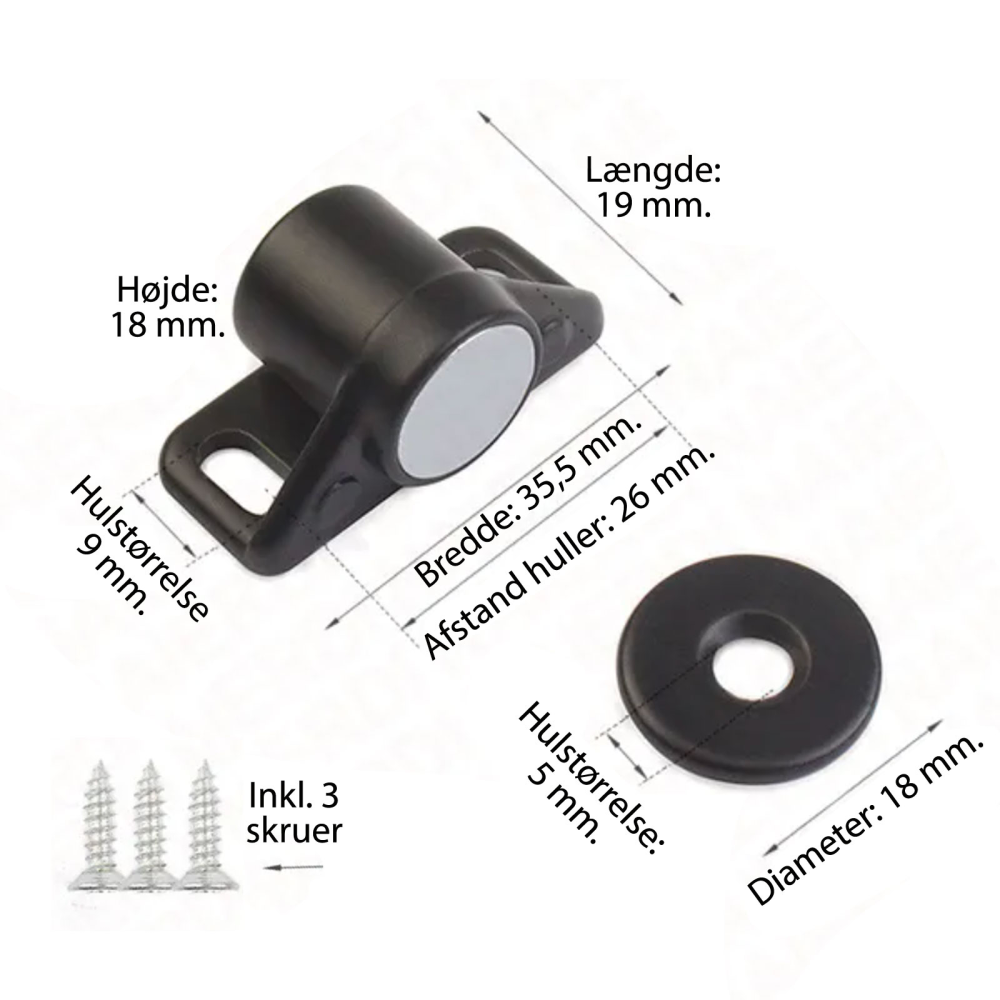 Magnetlås til skabe & skuffer, metallic sort Ø18 mm.